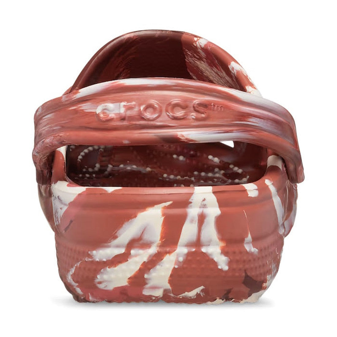 A rear view of Crocs - Classic Marbled Clog Dark Clay Multi Adults shows a bold brown, white, and red pattern with the Crocs logo embossed on the adjustable heel strap, offering signature unisex comfort., 196265746200, 196265746217, 196265746224, 19626574, 196265746231, 196265746248, 196265746255, 196265746149, 196265746156