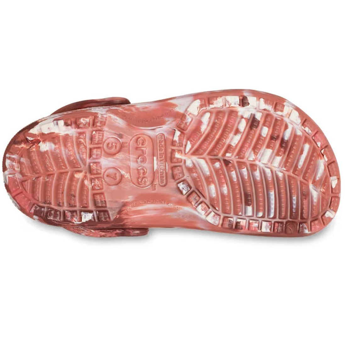 The image displays the sole of a Crocs - Classic Marbled Clog Dark Clay Multi. It features a translucent pink tread for grip, visible branding, size markings, and the Crocs name molded into this unisex comfort shoe on clearance., 196265746200, 19626574621, 196265746217, 196265746224, 196265746231, 196265746248, 196265746255, 196265746149, 196265746156