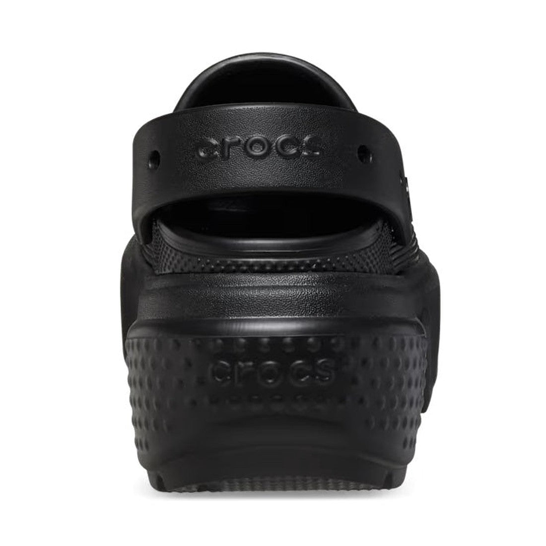 Rear view of the Crocs Stomp Classic Clog Adults Black Platform (CLEARANCE) shows a chunky sole, textured heel, and adjustable strap with Crocs embossed on both the strap and heel., 38823, 196265595419, 196265595426, 196265595433, 196265595440, 1962655954
