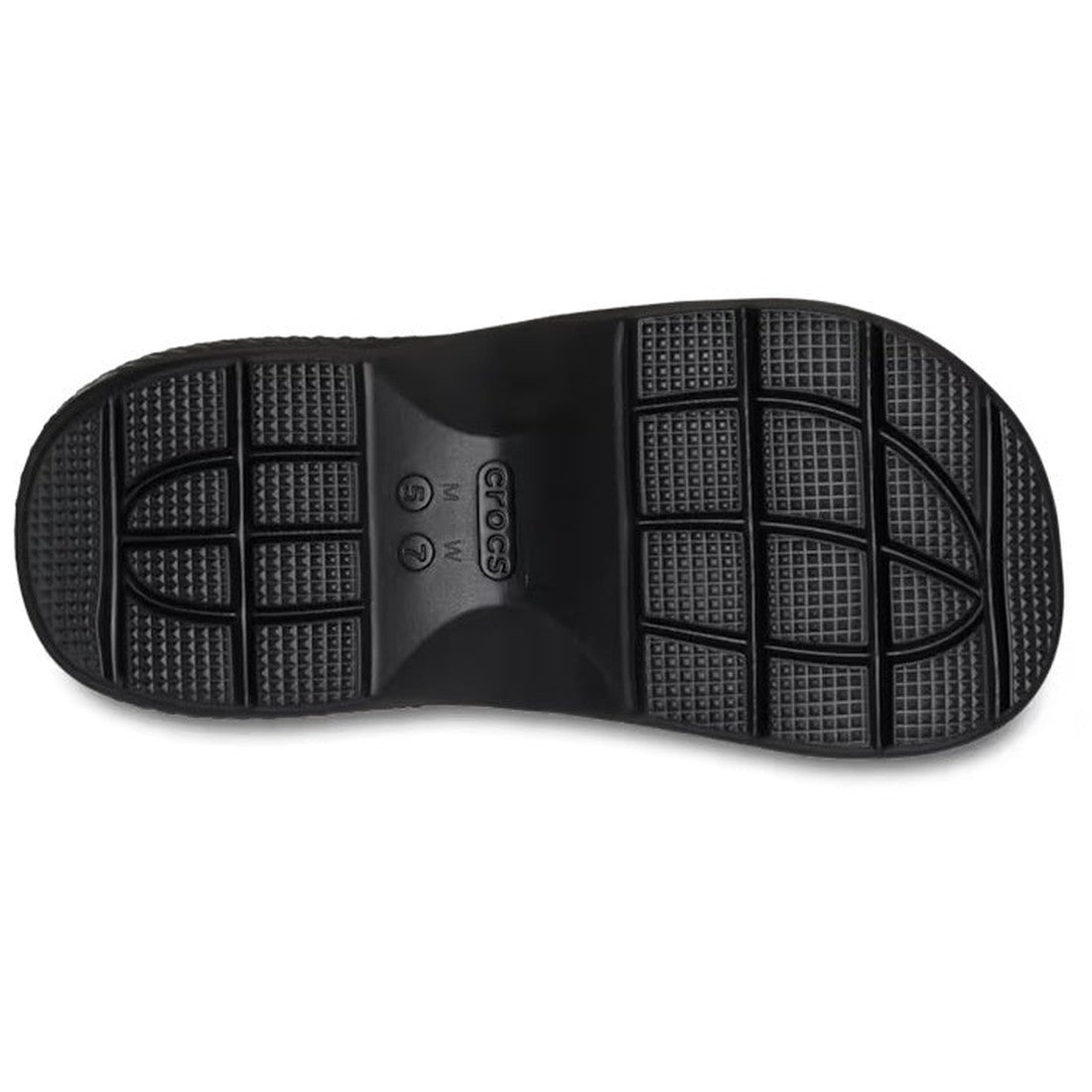 Close-up of the black, textured sole on Crocs Stomp Classic Clog Adults Black Platform CLEARANCE, highlighting grid and oval tread patterns for grip plus a central Crocs logo with M and W size markings., 38823, 196265595419, 196265595426, 196265595433, 19