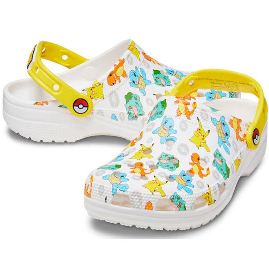 Classic Clog Pokemon II White: This fun adult slip-on features a white sole, secure yellow strap, and beloved Pokémon friends.  ksnz