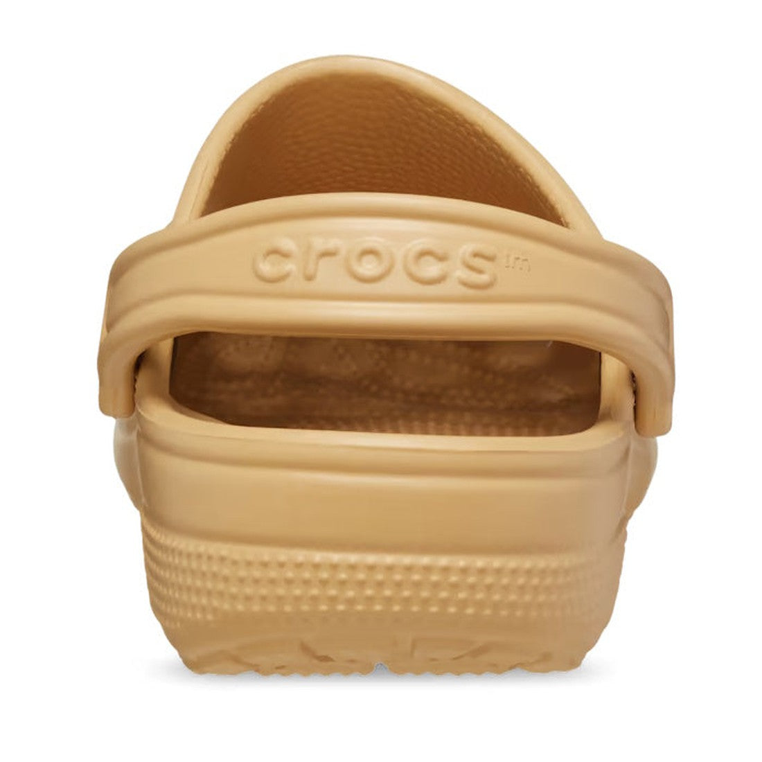 Rear view of the Crocs - Classic Clog Wheat Tan Adults, featuring a heel strap embossed with CROCS, a textured insole, and a patterned outsole for lightweight comfort., 196265698592, 196265698608, 196265698615, 196265698622, 196265698639, 196265698646, 19