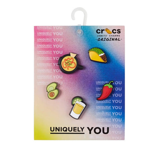 The Crocs Jibbitz 5 Pack - Mexican Food charms, on bright "UNIQUELY YOU" card, add fun to any classic white Crocs clogs with grippy sole.  ksnz
