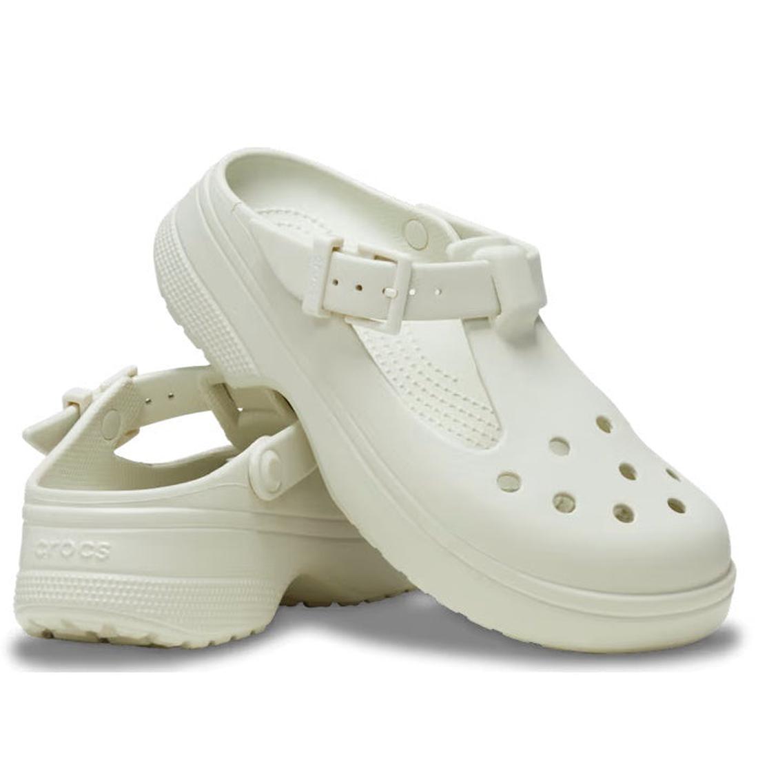 Crocs Classic Mary Jane Clog in Linen Off White for women, with comfy textured soles, ventilation holes, and easy heel straps.  ksnz