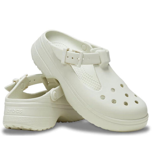 Crocs Classic Mary Jane Clog in Linen Off White for women, with comfy textured soles, ventilation holes, and easy heel straps.  ksnz