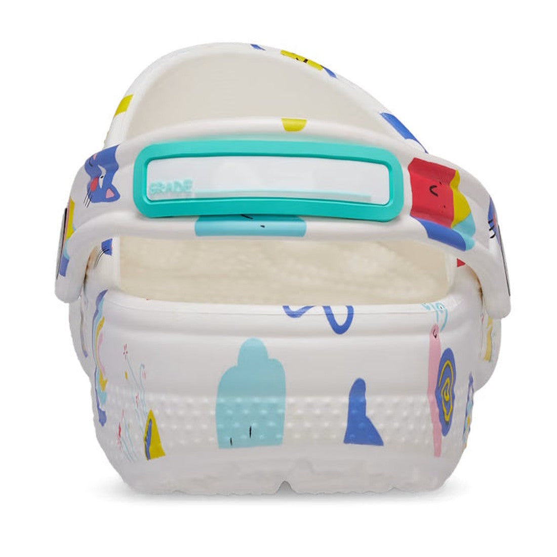 The Crocs Kids - Youths Classic Clog K Doodle Print White Multi Sandal features a vibrant doodle design, teal and white adjustable heel strap, textured sole, and rounded heel—ideal back-to-school shoes., 196265775811, 196265775828, 196265775835, 196265775
