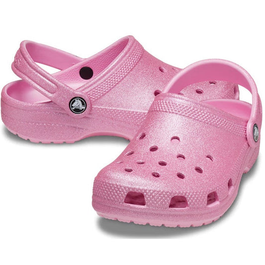 Crocs Kids Youths Pink Tweed Shimmer Glitter Clog Classic K—fun pink clogs with grip soles, heel straps, and airy vent holes.  ksnz