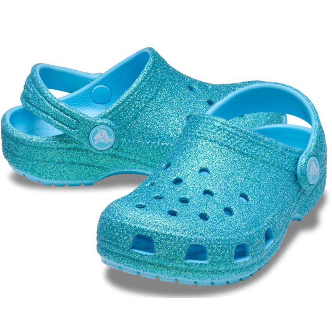 Crocs Kids - Youths Classic Clog K Iridescent Glitter Tinted Glass Aqua: fun aqua slip-on clogs with glitter, heel strap, grippy soles.  ksnz