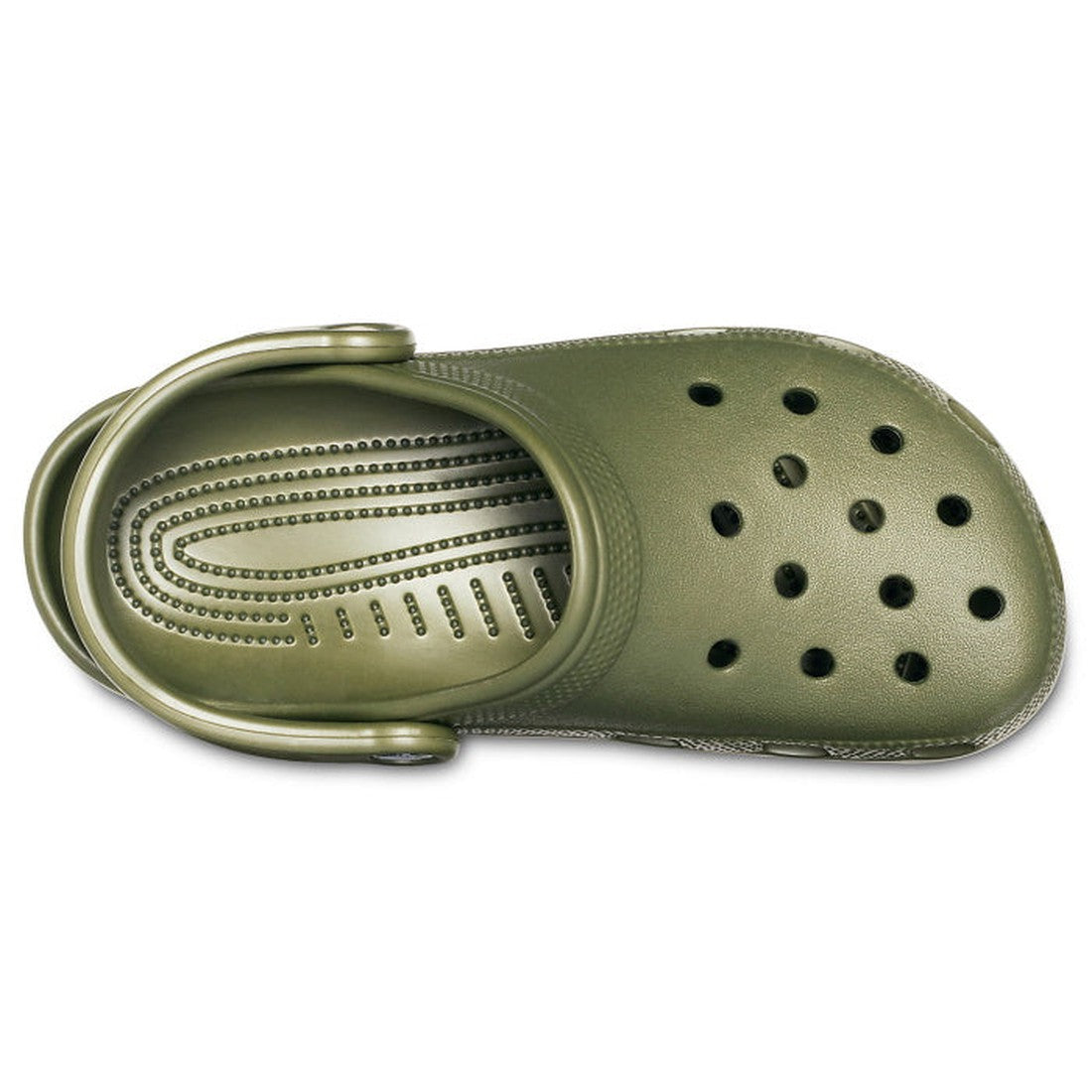 A top view of the Crocs - Classic Clog Army Green for adults shows its olive color, unisex design, ventilation holes, adjustable heel strap, and signature Crocs comfort., 841158050741, 841158050758, 841158050765, 841158050772, 841158050789, 841158050796, 