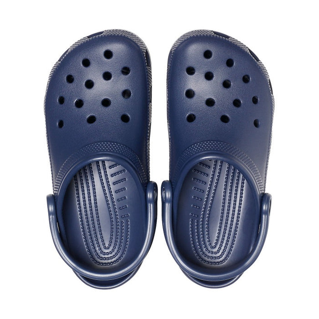 A pair of Crocs - Classic Clog Navy Adults (womens & mens) rubber clogs, featuring ventilation holes and adjustable heel straps for comfort, shown from above on a white background., 841158002696, 841158002702, 841158002719, 841158002726, 841158002733, 841