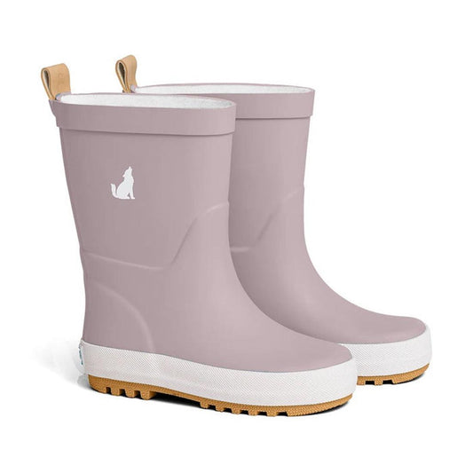 Cry Wolf CryWolf Rain Boots Mauve: Light purple kids’ rain boots with easy pull tabs, sturdy tan soles, and a wolf logo detail.  ksnz