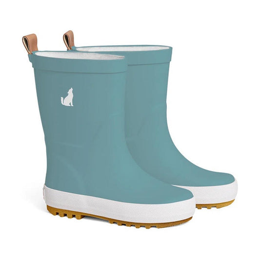 Cry Wolf CryWolf Rain Boots Stone Blue: cozy stone blue rain boots with grippy brown tread, easy tan pull tabs, and a cute dog detail.  ksnz