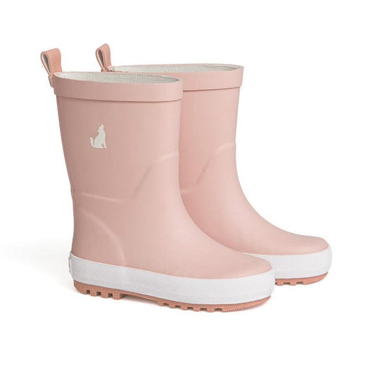 CryWolf Rain Boots Dusty Pink are light pink kids’ rain boots with sturdy white soles, dog detail, and back pull tabs for easy dressing.  ksnz