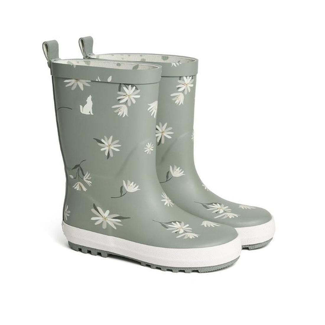 CryWolf Rain Boots Forget Me Not: Kids’ green rubber rain boots with easy-on closure, white soles, daisies, and cute cat prints.  ksnz