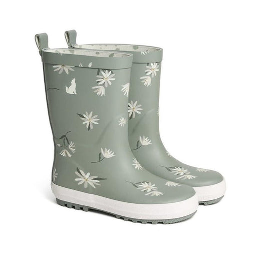 CryWolf Rain Boots Forget Me Not: Kids’ green rubber rain boots with easy-on closure, white soles, daisies, and cute cat prints.  ksnz