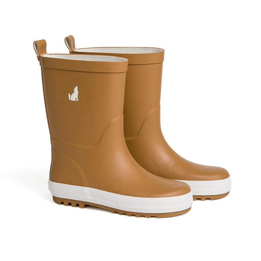 CryWolf Rain Boots Tan are cozy kids' rain boots in tan, with easy pull tabs, white soles, and a charming dog graphic on the side.  ksnz
