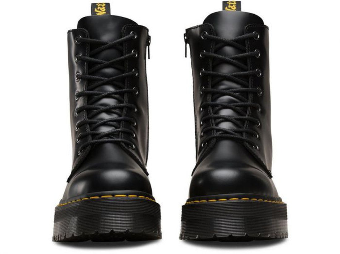 A pair of Dr Martens - Jadon Polished Smooth Boot 8 up in black with thick platform soles and signature yellow stitching, displayed against a white background., 883985578883, 883985578890, 883985578906, 883985578913, 883985578920, 883985578937, 8839855789