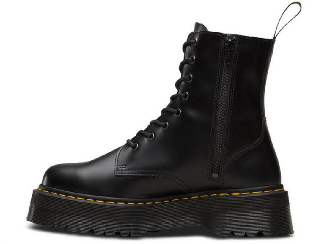 Dr Martens - Jadon Polished Smooth Boot 8 up in black features a chunky platform sole, signature yellow stitching, side zipper, and lace-up front, showcased in a side profile against a white background., 883985578883, 883985578890, 883985578906, 883985578