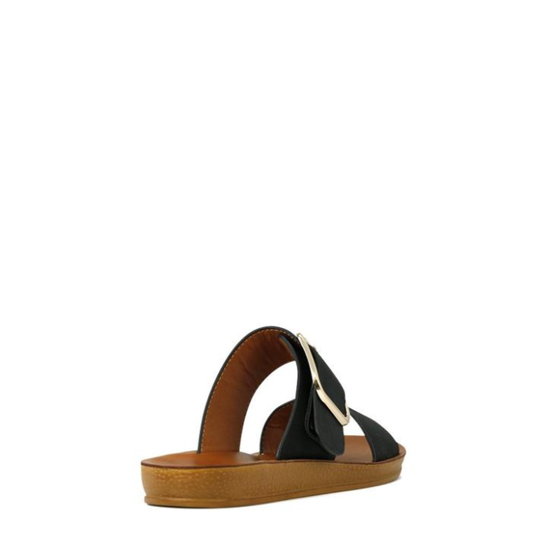 The Los Cabos Doti Black Light Flexible-Sandal features a black strap with a large metallic buckle, brown sole, and low wedge heel—stylish and comfy for summer. Shown from the back on a white background., 9321191045450, 9321191045467, 9321191045474, 93211