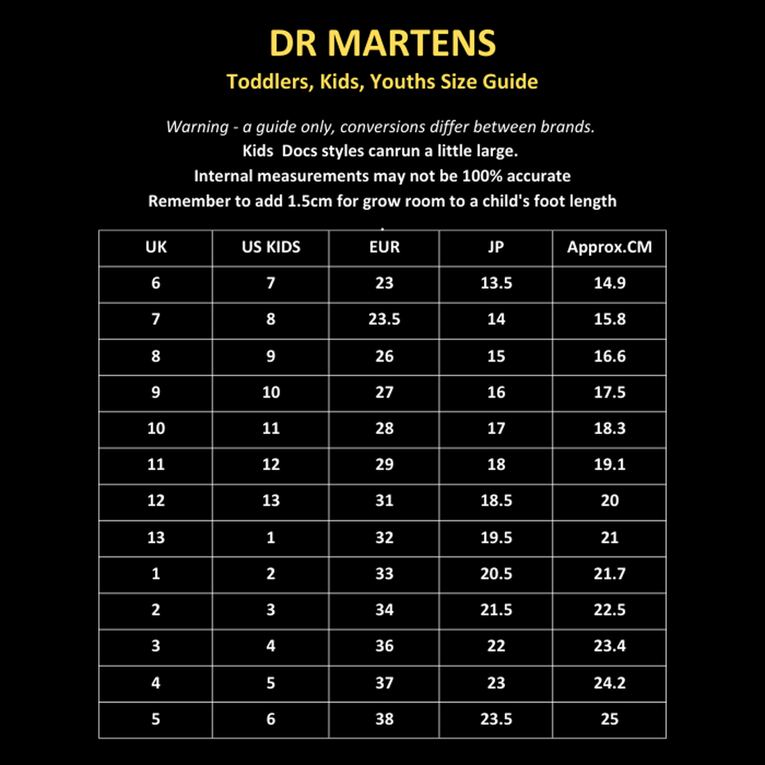 Size guide chart for Dr Martens kids’ shoes and lightweight sandals, including US, UK, EU, JP sizes and foot length in cm. The 3 Strap Blaire Sandal in Cashew Ambassador Leather Tan runs large—allow room for growth. Black with yellow text., 190665772005, 