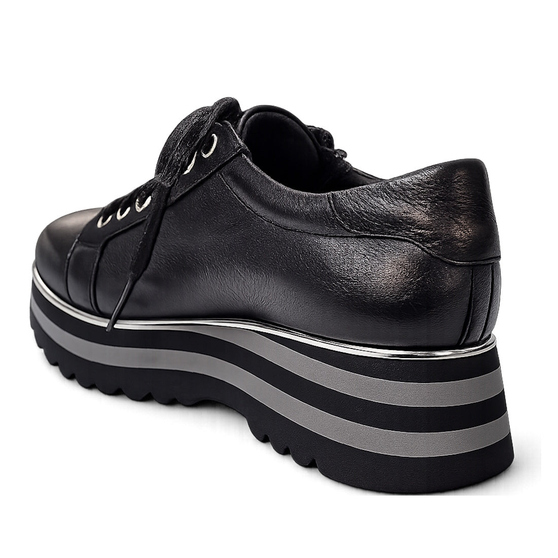 The Django & Juliette Eammes Black Leather Platform Shoe for women features black leather, black laces, and thick striped black and gray soles, shown from the back on a white background., 51089, 4434754993411, 4434756993428, 4434754993435, 4434754993442, 