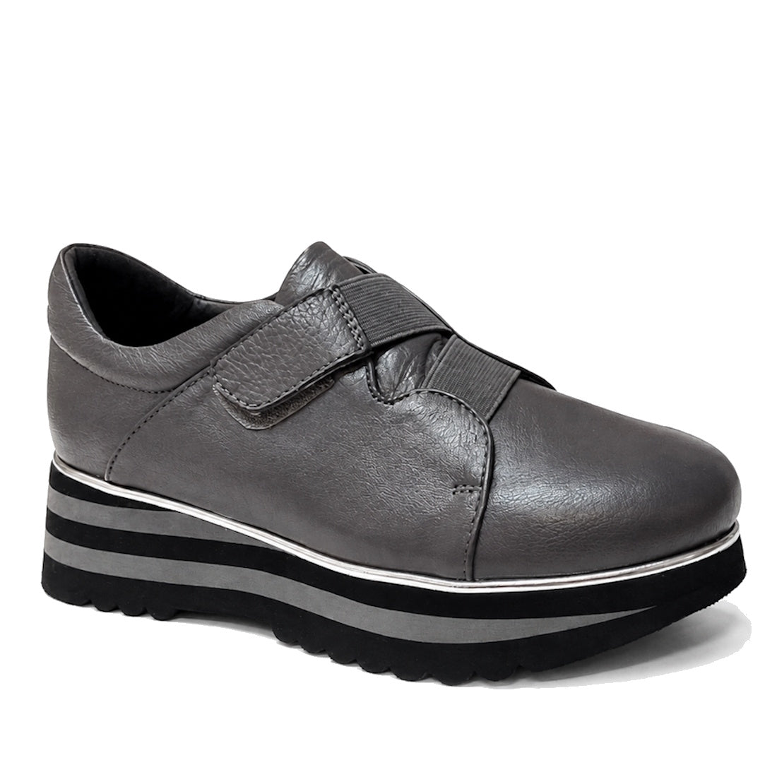 The Django & Juliette Ellore Charcoal Grey Leather Platform Shoe for women features a cushioned, rounded toe, velcro strap, and thick black-and-white striped sole for a stylish and comfortable casual look.