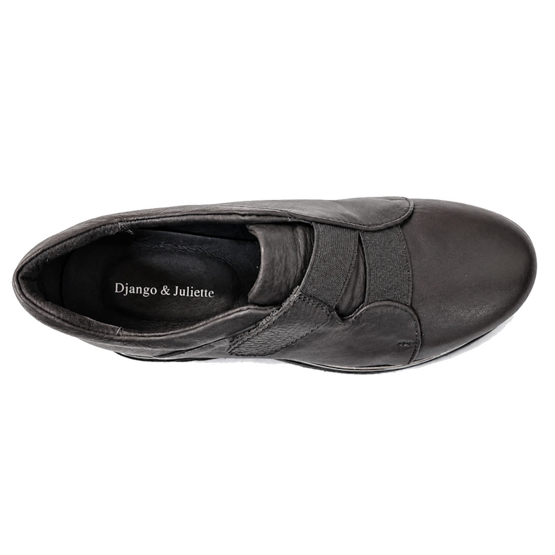 Top view of a single Django & Juliette Ellore charcoal grey leather platform shoe for women, featuring elastic bands across the upper and branded Django & Juliette on the insole., 51103, 4434754334016, 4434754334023, 4434754334030, 4434754334047, 44347543