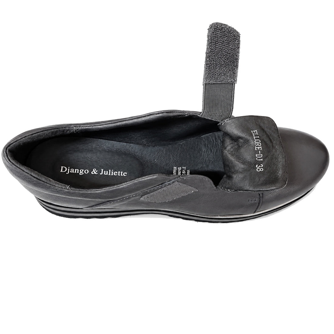 The Django & Juliette Ellore Charcoal Grey Leather Platform Shoe for women is shown from above on a white background with its hook-and-loop strap partially open, revealing the insole and size “38.”., 51103, 4434754334016, 4434754334023, 4434754334030, 443