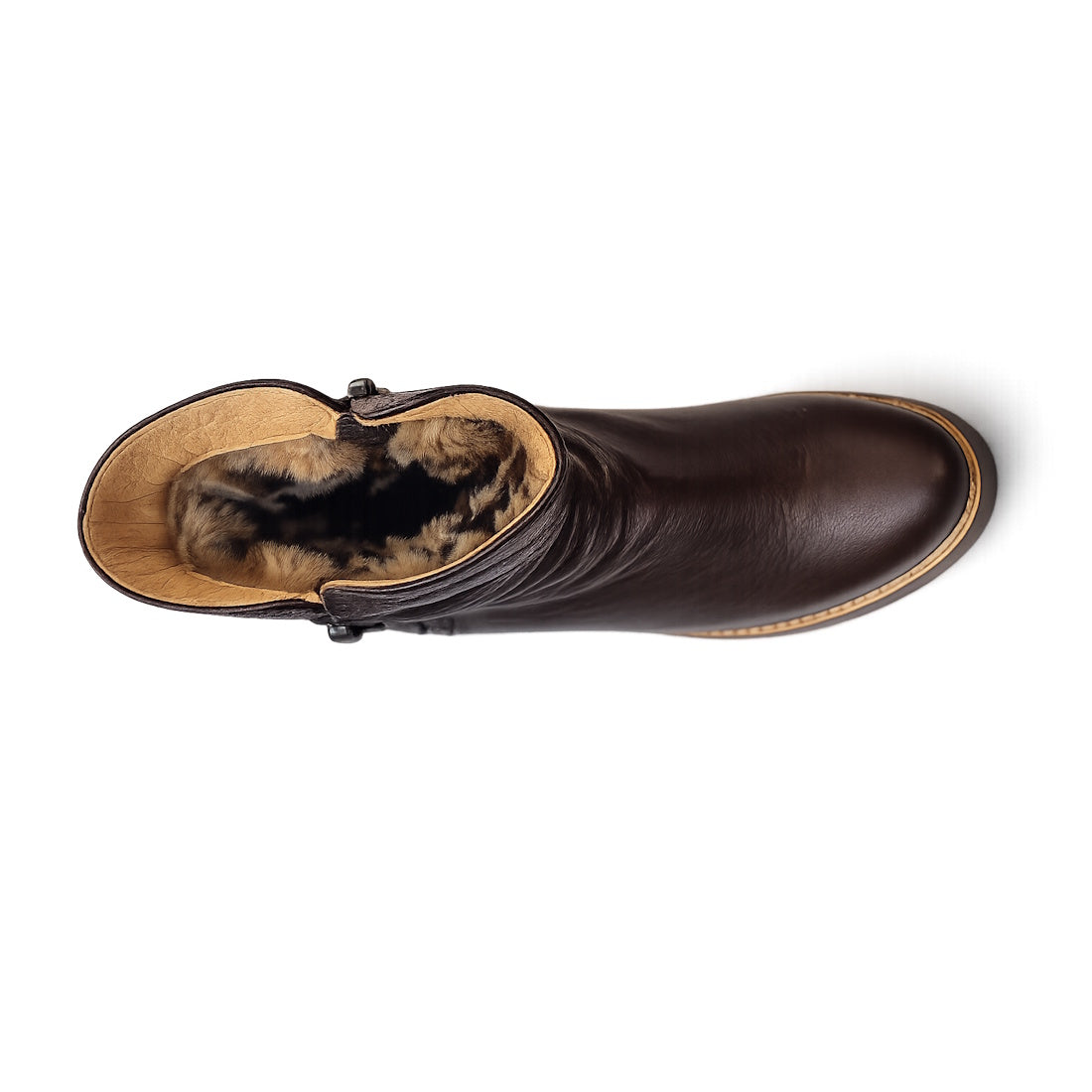 Top view of the Django & Juliette Dixeya Chocolate Leather Boot, showcasing a light brown sole and visible cozy fur-like lining inside—ideal women's leather ankle boots for warmth and comfort on colder days., 51117, 4434754329746, 4434754329753, 443475432