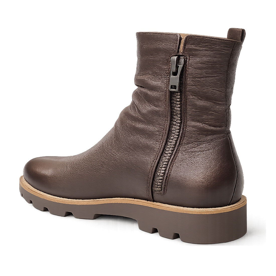 The Django & Juliette Dixeya Chocolate Leather Boot features a chunky rubber sole, visible side zipper, and slightly textured finish—photographed from a back angle, it's an essential in women's leather ankle boots., 51117, 4434754329746, 4434754329753, 44