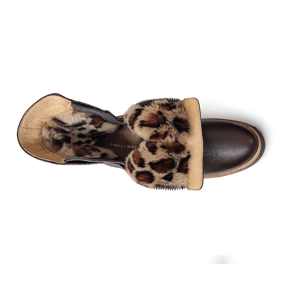 Top view of the Django & Juliette Dixeya Chocolate Leather Boot with a tan sole, plush leopard-print faux fur lining and trim. This women’s ankle boot looks cozy and stylish against a white background., 51117, 4434754329746, 4434754329753, 4434754329760, 
