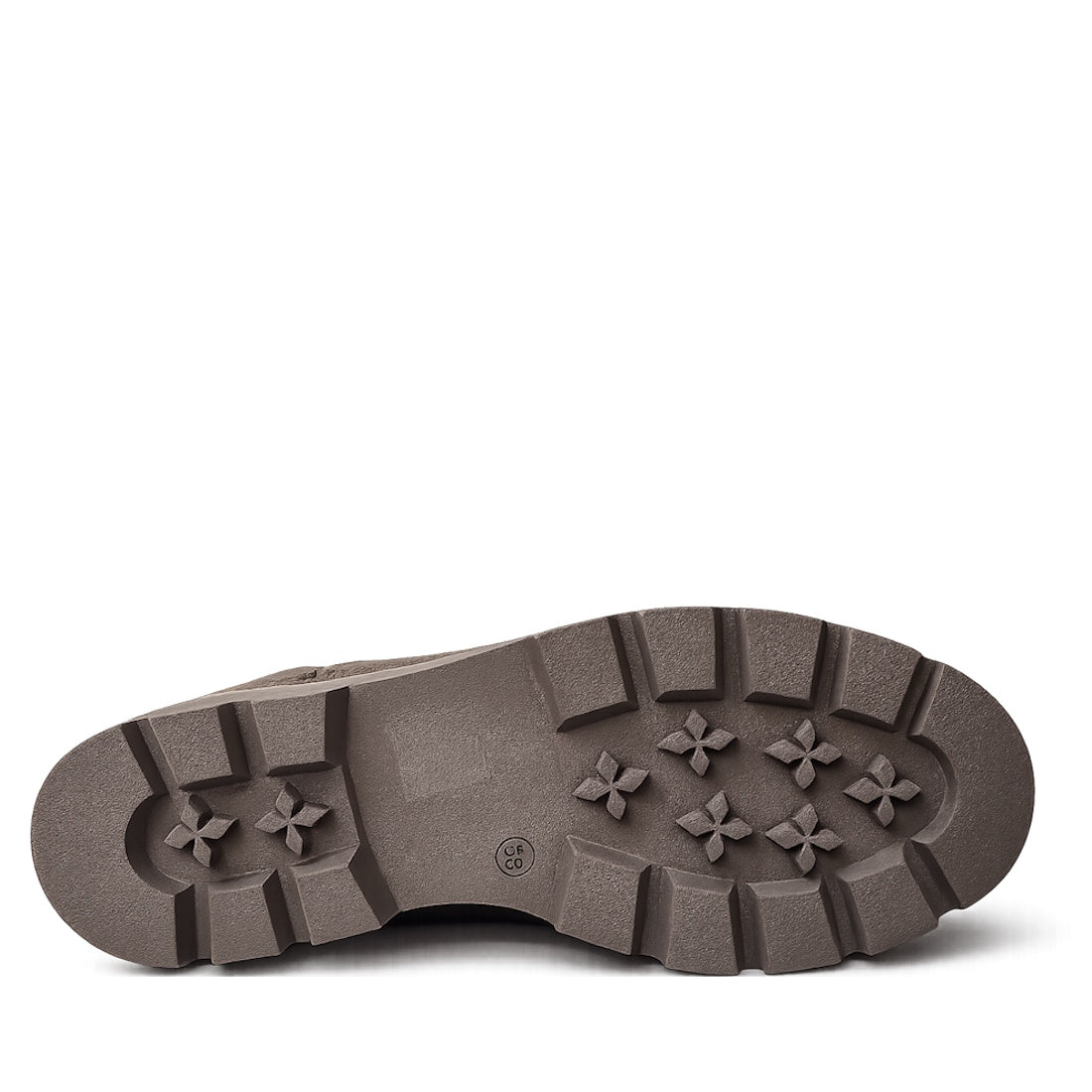 The image displays the brown rubber sole of the Django & Juliette Dixeya Chocolate Leather Boot, shown from below to showcase its rugged tread with rectangular and cross-shaped lugs for enhanced traction and grip., 51117, 4434754329746, 4434754329753, 443