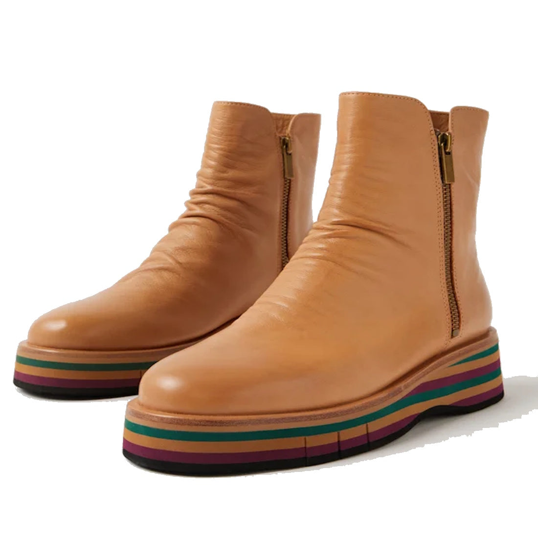 The Django & Juliette Ganni Cognac Tan Green Leather Heeled Boot features side zippers and chunky platform soles with colorful green, purple, pink, and brown stripes., 51110, 4434754550355, 4434754550362, 4434754550379, 4434754550386, 4434754550393, 44347