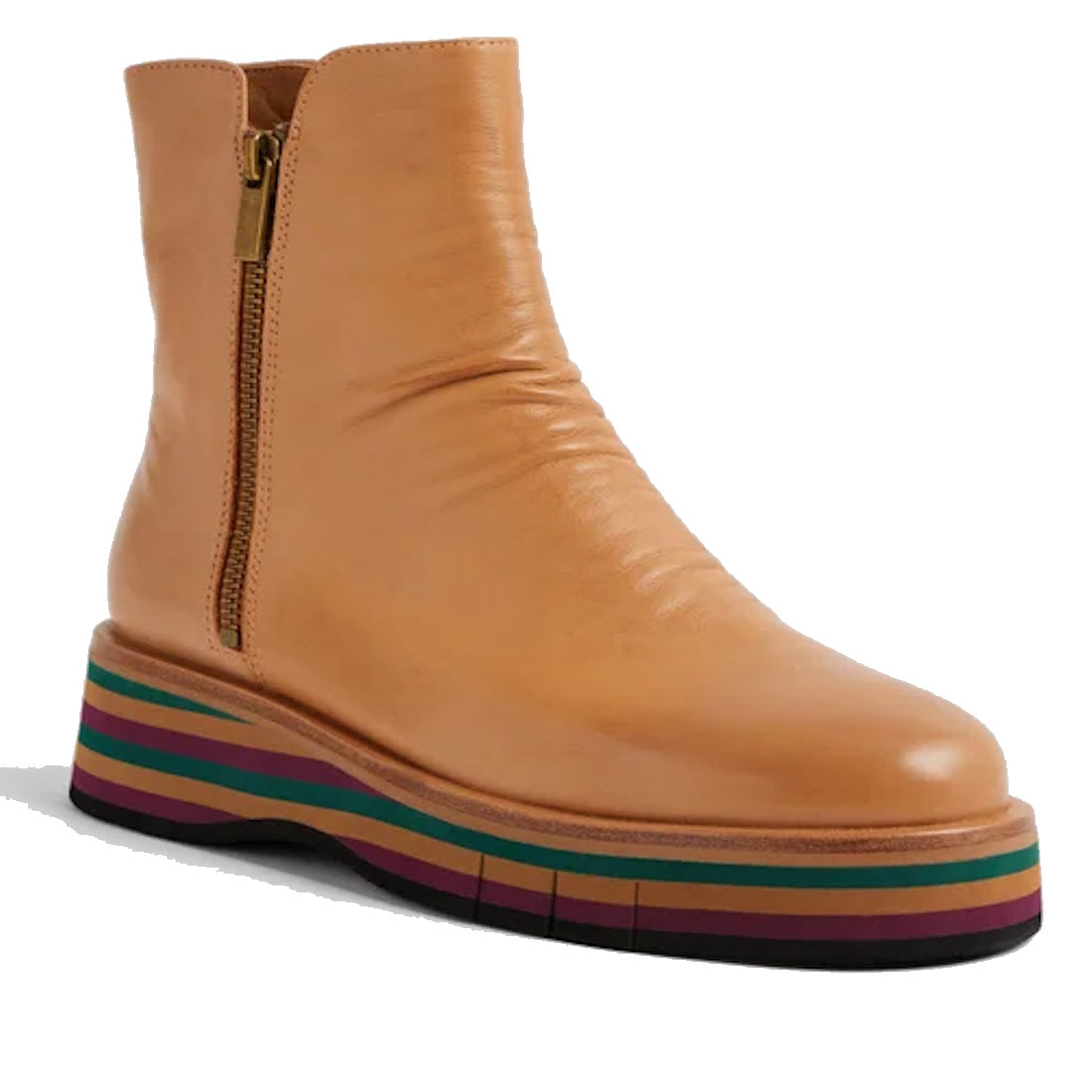 The Django & Juliette Ganni Cognac Tan Green Leather Heeled Boot features a side zipper and a thick platform sole with horizontal stripes in purple, teal, brown, and orange.
