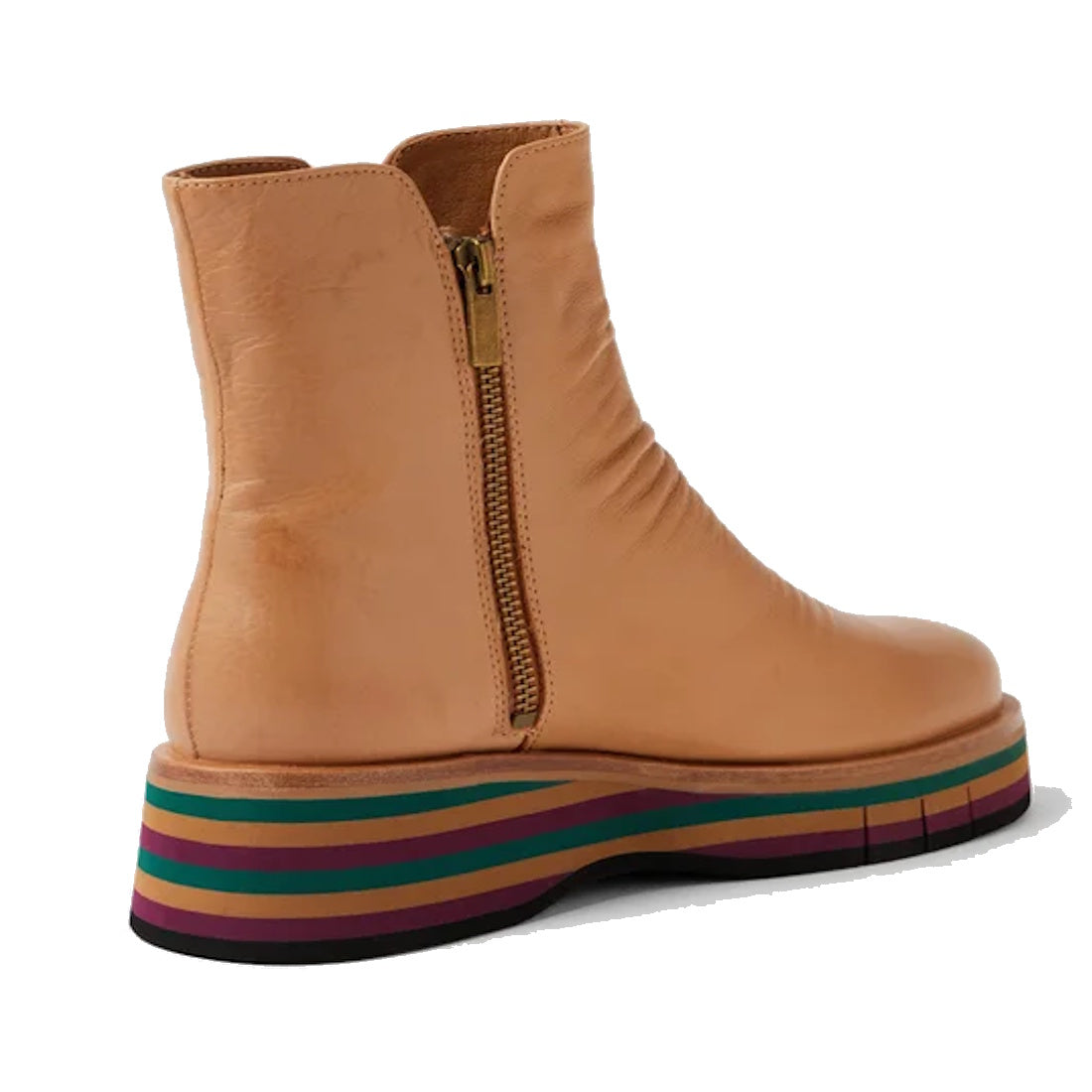 The Django & Juliette Ganni Cognac Tan Green Leather Heeled Boot is a smooth leather ankle boot with a side zipper, rounded toe, and a thick platform sole featuring layered stripes in green, purple, maroon, and tan., 51110, 4434754550355, 4434754550362, 4