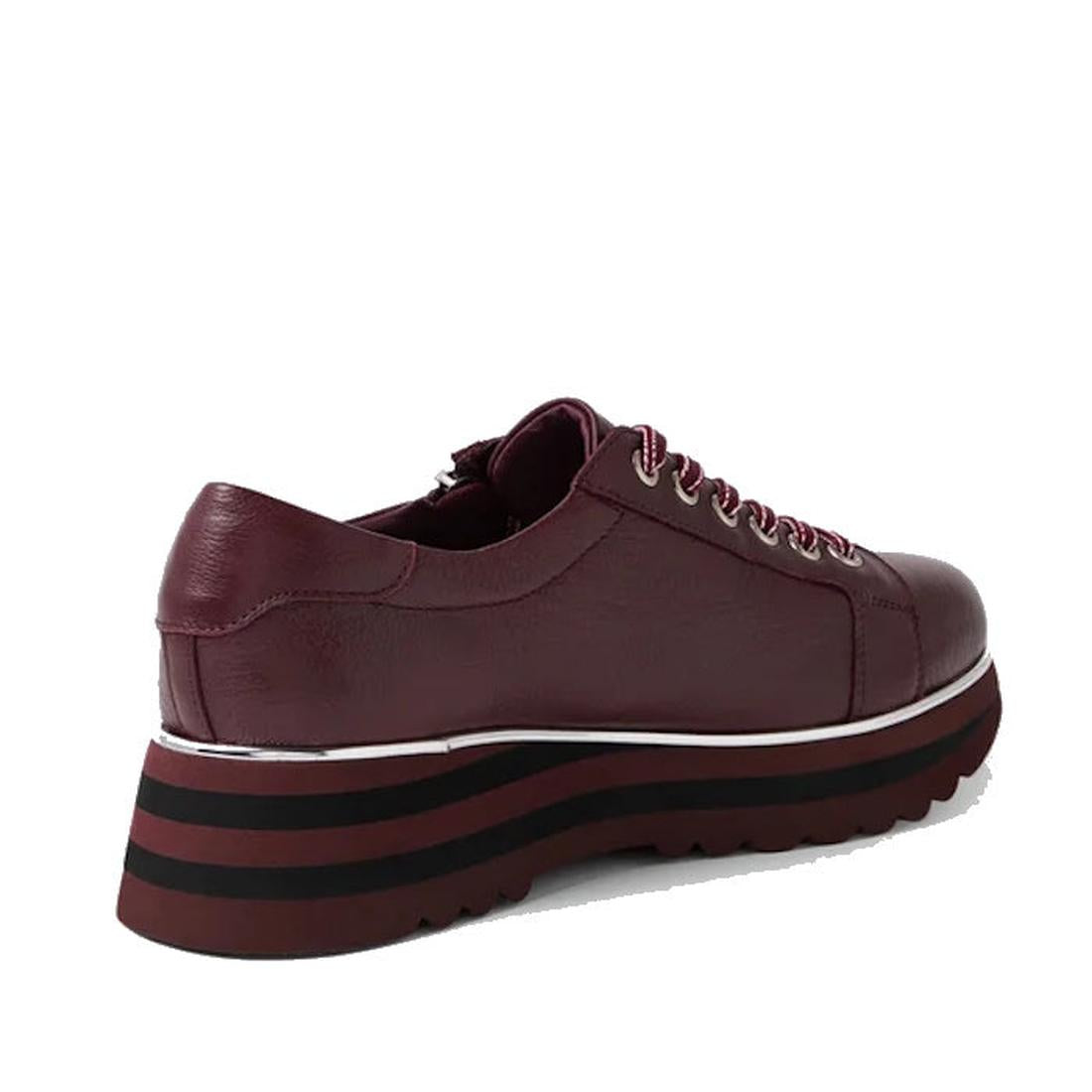 The Django & Juliette Eammes Women's platform shoe in purple-black leather features silver eyelets, maroon and white laces, and a thick striped maroon-black sole, shown from the back and side angles., 51586, 9361117100764, 9361117100771, 9361117100788, 93
