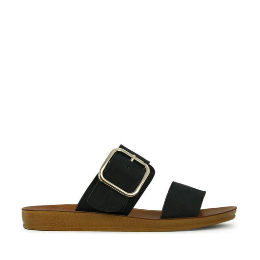 Los Cabos Doti Black Light Flexible-Sandal- showing side view of the right foot of the comfy flexible synthetic sandals slides for women