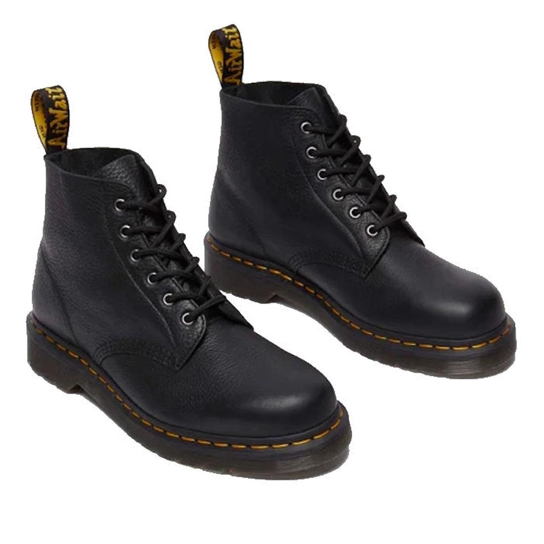 The Dr Martens 101 UB Black Ambassador 6 Eye Leather Boot features yellow stitching on the sole and a black and yellow branded pull loop at the back., 190665693683, 190665693690, 190665693706, 190665693720, 190665693737, 190665693744, 190665693768, 190665
