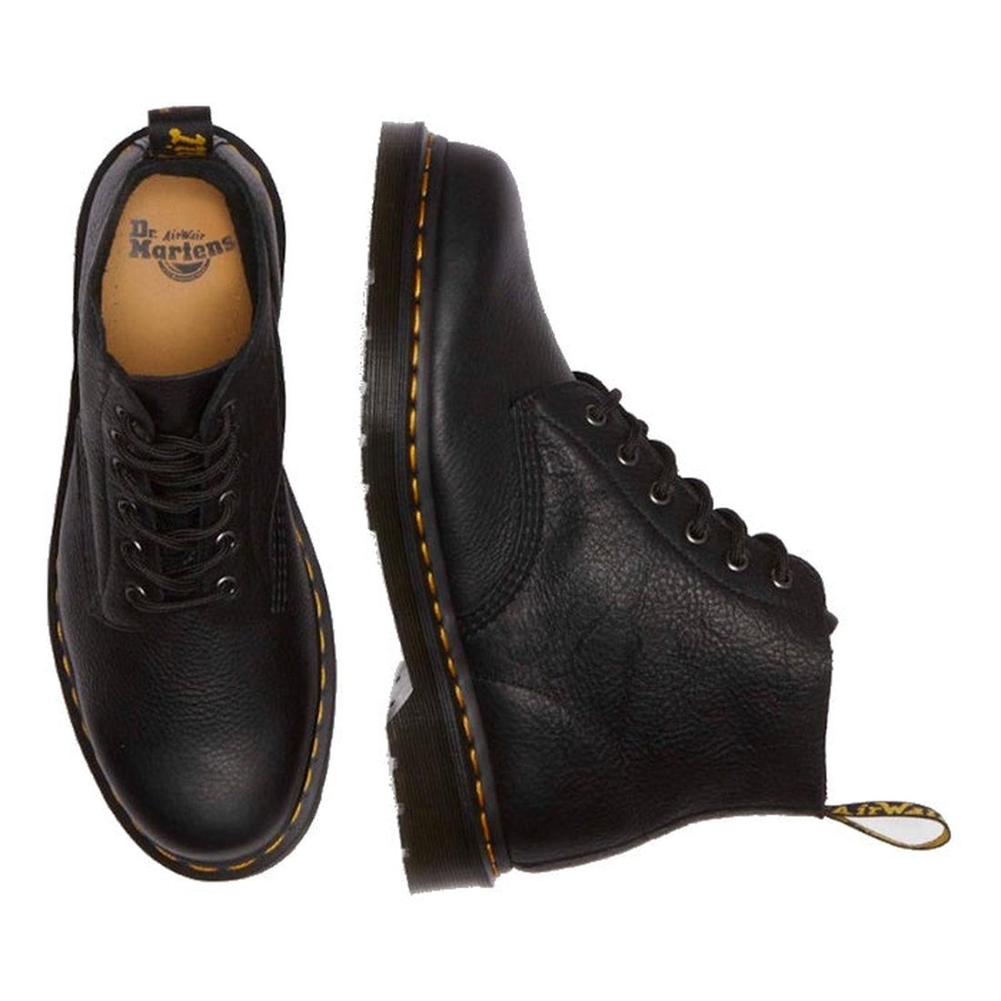 The Dr Martens 101 UB Black Ambassador 6 Eye Leather Boot, shown from top and side on a white background, features black laces, yellow stitching, Ambassador leather, and the signature branded heel loop., 190665693683, 190665693690, 190665693706, 190665693