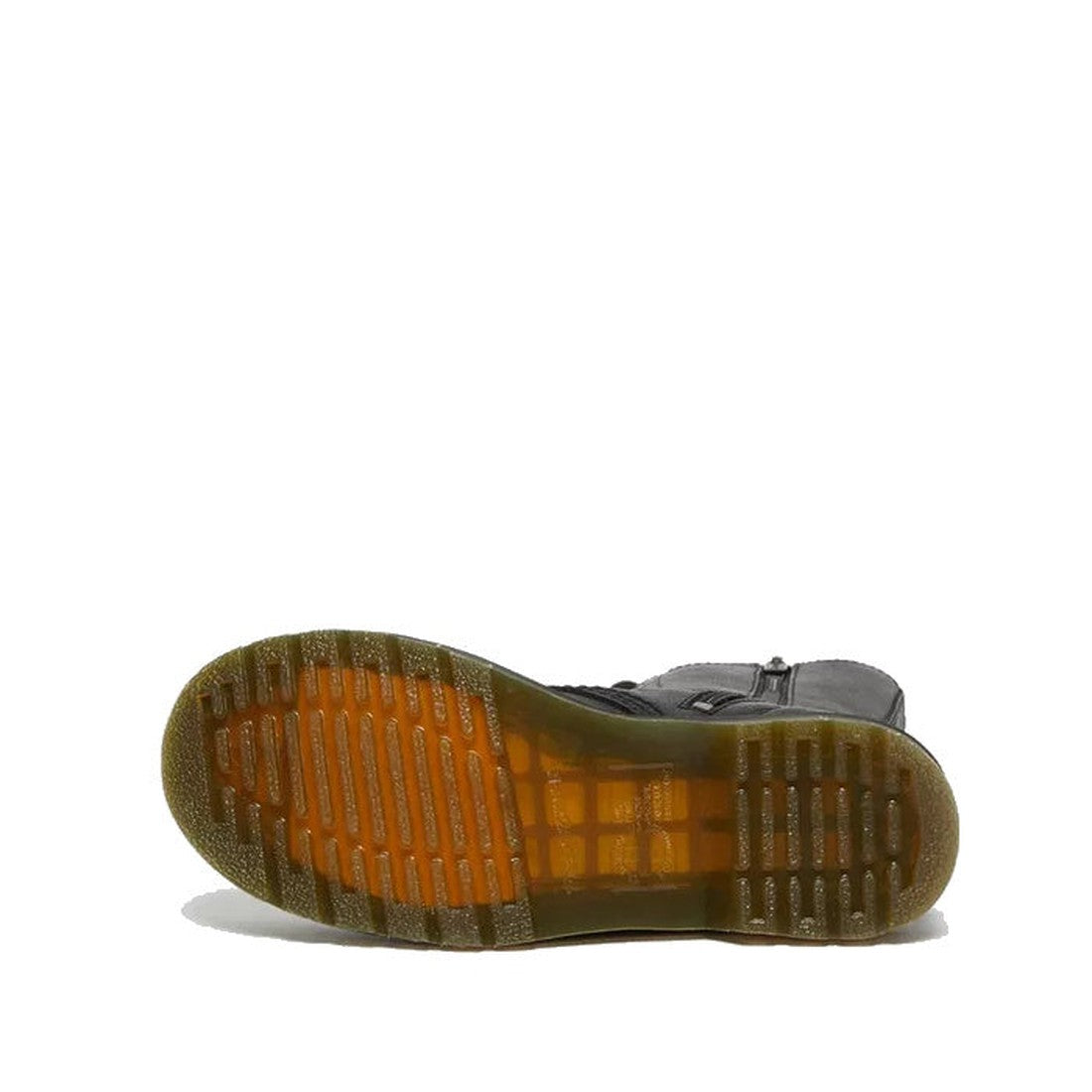 The Dr Martens 1B99 14 Up Zip Black Boot Virginia Leather is pictured sole-up on a white background, showcasing its thick, translucent yellow-brown rubber tread.
