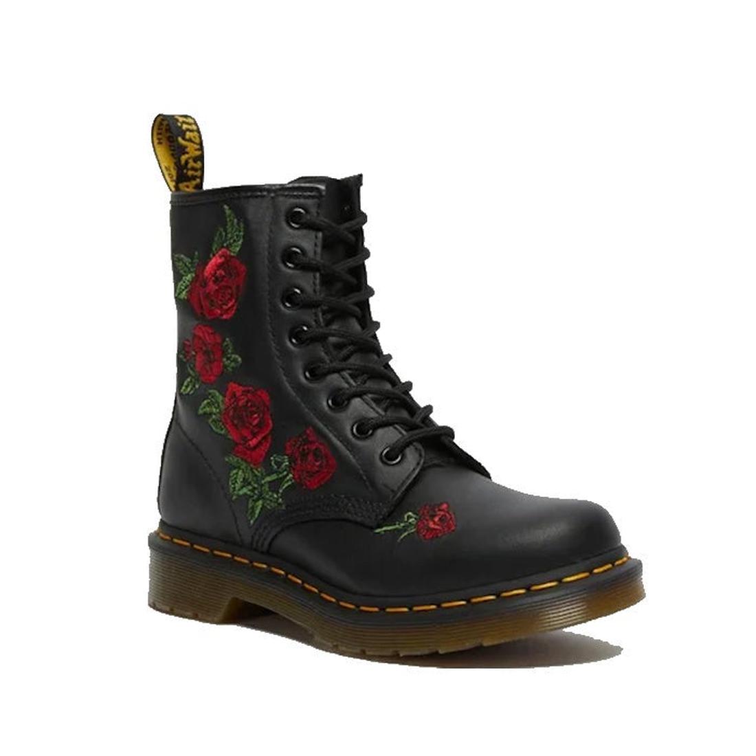 The Dr. Martens 1460 Vonda Red Roses Softy T Leather Boot features black leather, red rose embroidery, signature yellow stitching, a yellow pull tab, and AirWair Bouncing Soles for iconic comfort and style.