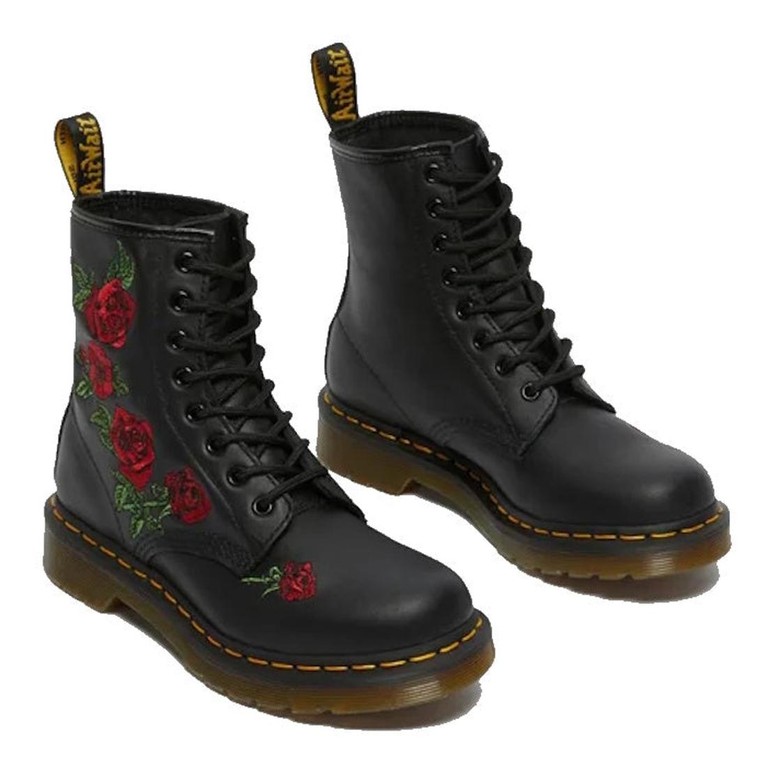 The Dr. Martens 1460 Vonda Red Roses Softy T Leather Boot features black lace-up uppers, signature yellow stitching, AirWair Bouncing Soles, and embroidered red roses with green leaves on the outer sides., 190665206036, 190665206043, 190665206050, 1906652