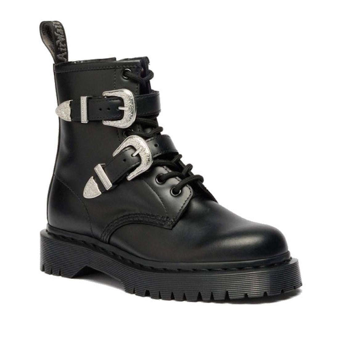 Dr. Martens 1460 Bex Black Buckle Atlas Leather Boot With Zip features thick soles, a lace-up front, and two decorative silver buckled straps across the ankle and upper foot. Expertly crafted with Goodyear-welted construction for lasting durability, this 
