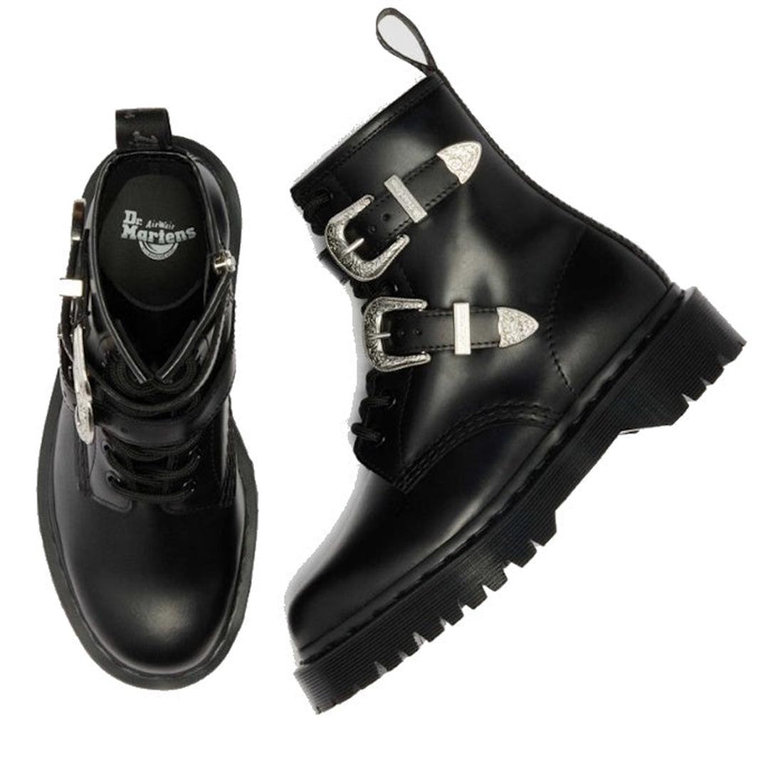 A pair of Dr. Martens 1460 Bex Black Buckle Atlas Leather Boots With Zip, crafted from smooth black Atlas leather and featuring chunky soles along with two silver decorative buckles on the side, is displayed from top and side views against a white backgro