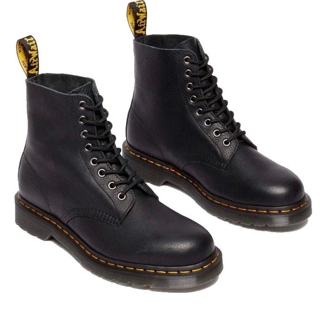 A pair of Dr Martens 1460 Pascal Ambassador Black Leather boots featuring yellow stitching on the Goodyear-welted sole and a signature yellow and black pull tab at the back., 46779, 190665663136, 190665663143, 190665663150, 190665663174, 190665663181, 190
