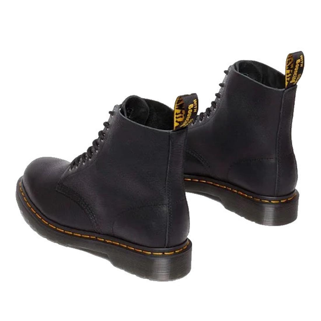 A pair of Dr Martens 1460 Pascal Ambassador Black Leather boots with yellow stitching, Goodyear-welted sole, and black-and-yellow pull tabs, shown on a white background., 46779, 190665663136, 190665663143, 190665663150, 190665663174, 190665663181, 1906656