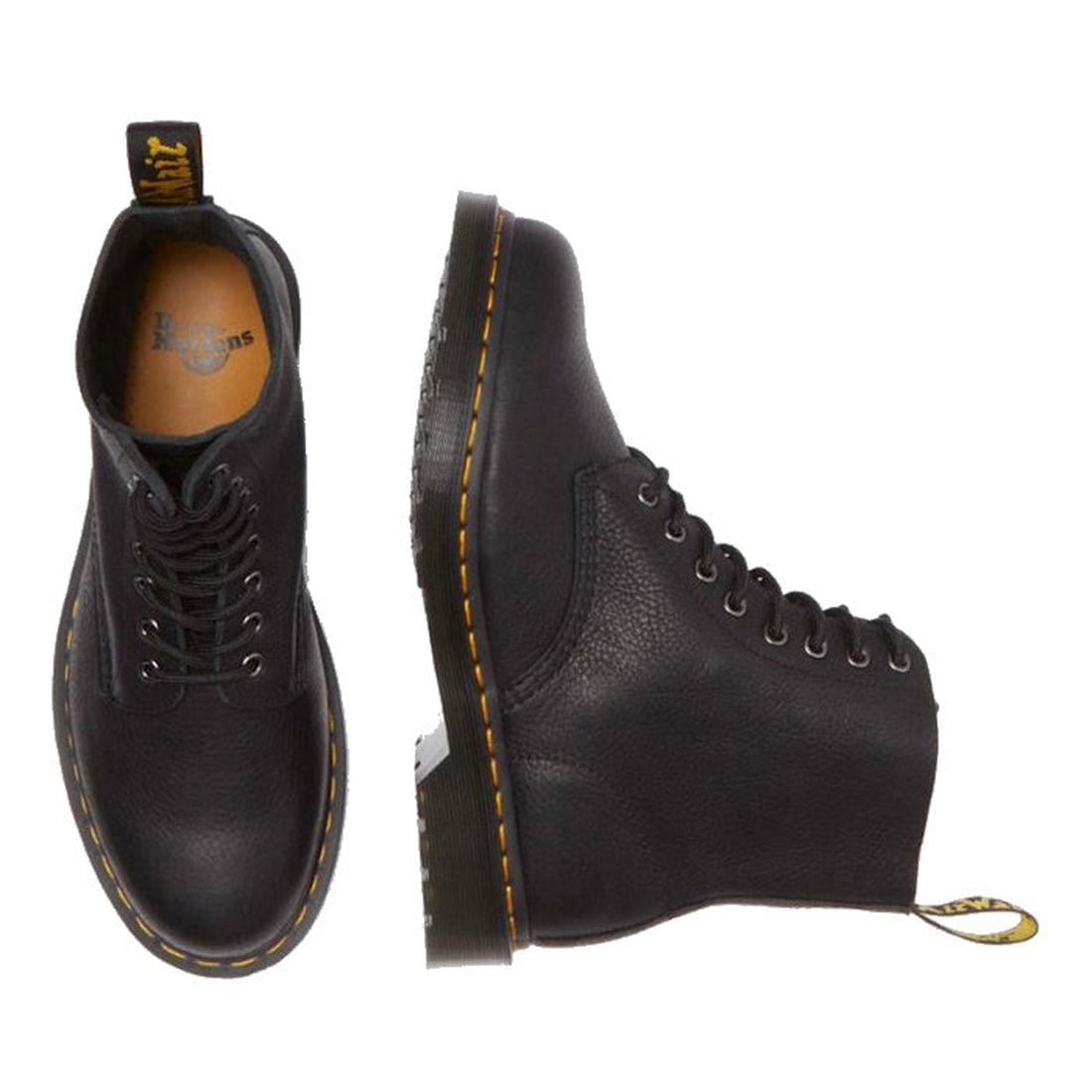 A pair of Dr. Martens 1460 Pascal Ambassador Black Leather boots shown from above and the side, with yellow stitching on the Goodyear-welted sole and a branded pull-loop at the heel., 46779, 190665663136, 190665663143, 190665663150, 190665663174, 19066566