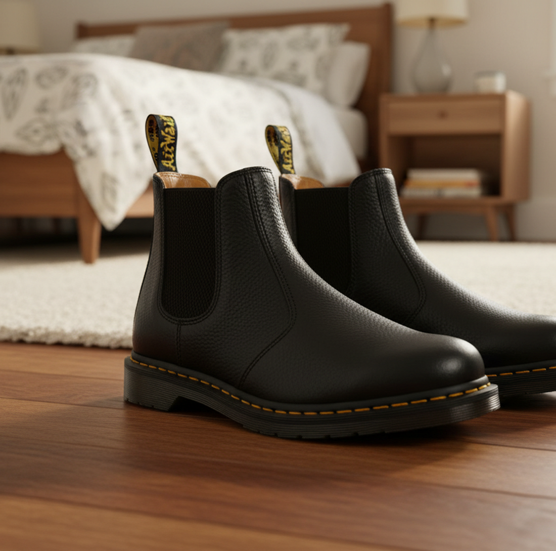 A pair of Dr Martens 2976 Ambassador Black Leather Chelsea Boots with yellow stitching and branded pull tabs sits on a wooden floor in a cozy bedroom with a bed and nightstand in the background., 50056, 50057, 50059, 190665663303, 190665663310, 1906656633