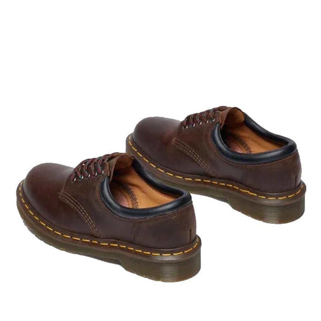 A pair of Dr Martens 8053 Crazy Horse Dark Brown Leather 5 Eye shoes with black laces, yellow stitching, and a thick air-cushioned translucent brown sole., 52072, 52073, 800090801651, 800090801675, 800090801682, 800090801699, 800090801712