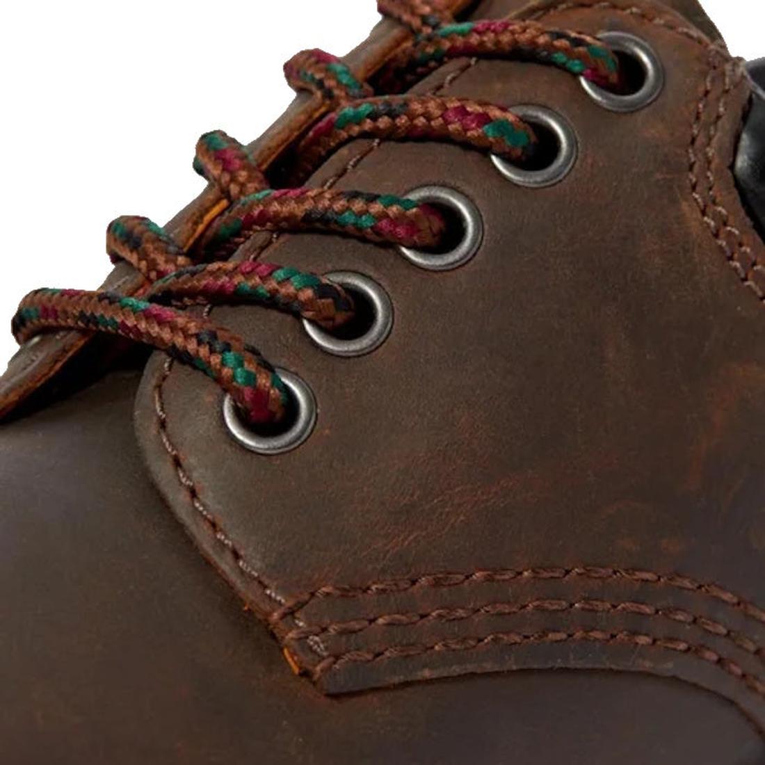 Close-up of the Dr Martens 8053 Crazy Horse Dark Brown Leather 5 Eye shoe, featuring brown leather, visible stitching, multi-colored laces through metal eyelets, and an air-cushioned sole for comfort., 52072, 52073, 800090801651, 800090801675, 80009080168